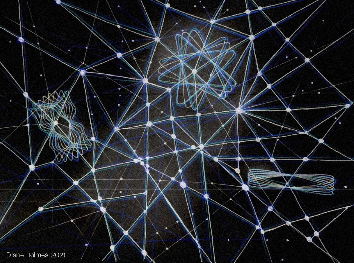 The image depicts an abstract digital artwork with lines and shapes resembling interconnected nodes or a cosmic network. The background is black, resembling outer space with scattered white dots representing stars. In the centre, there are two larger blue shapes, one appearing like an atom or nucleus with orbiting lines, and the other resembling a swirling vortex or spiral pattern. Slender, glowing blue lines crisscross the image, creating triangular and geometric patterns, connecting the central forms to each other and to the surrounding space. The overall effect evokes a sense of interconnectivity, complexity, and a visualisation of unseen forces or networks in the cosmos.