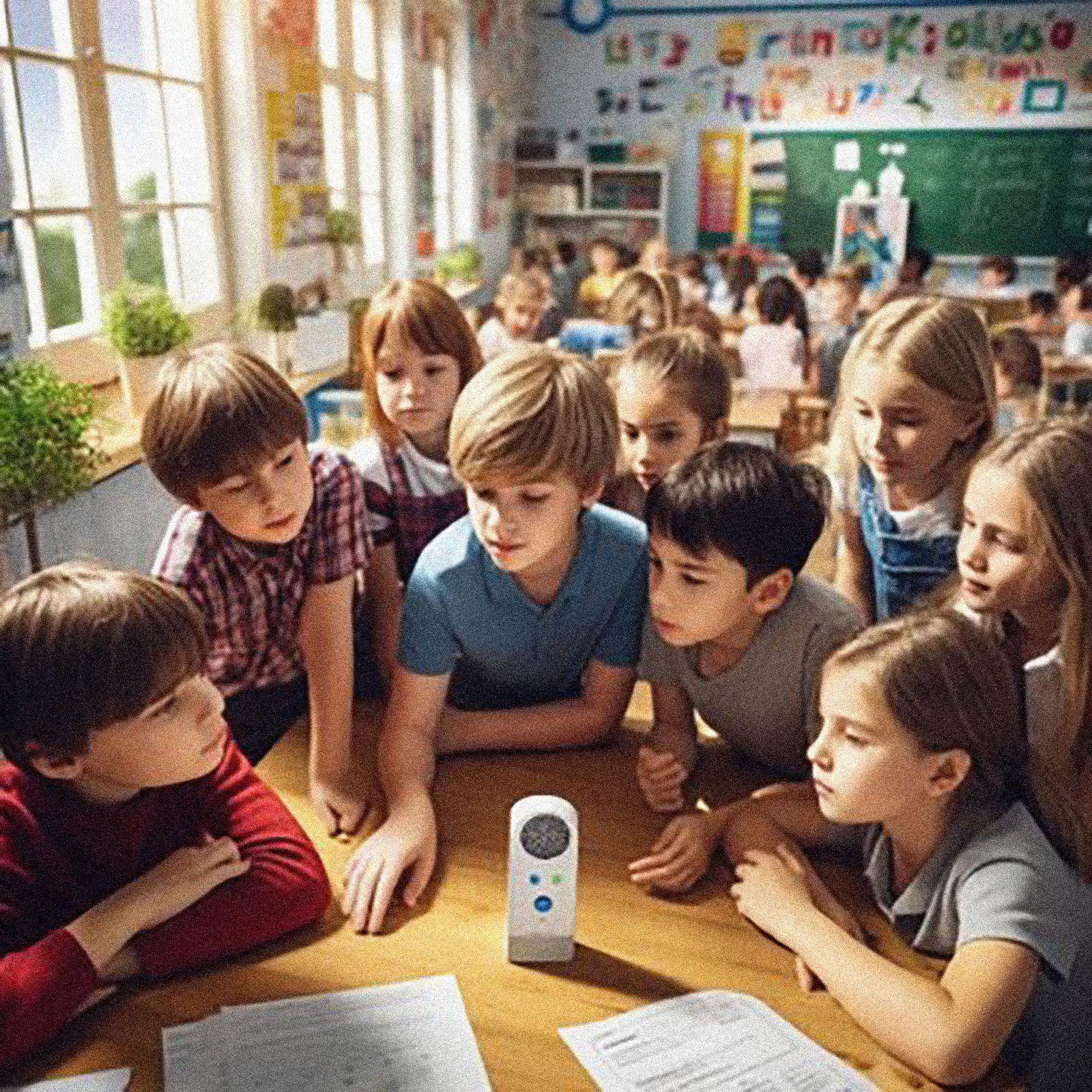 Dyma lun o ystafell ddosbarth fywiog, yn cynnwys grŵp o blant ysgol ifanc wedi ymgasglu o amgylch bwrdd. Yng nghanol y bwrdd mae yna fonitor ansawdd yr aer, sef canolbwynt sylw y plant. Mae eu sylw wedi'i hoelio ar y ddyfais, a rhai ohonynt yn pwyso ymlaen yn agos, gan ddangos chwilfrydedd a diddordeb. Mae'r ystafell ddosbarth yn olau braf, gyda ffenestri mawr yn gadael i olau naturiol lifo i mewn. Yn y cefndir mae yna fwy o ddisgyblion yn eistedd wrth eu desgiau, yn gwneud gweithgareddau amrywiol, ac mae'r waliau wedi'u haddurno â phosteri addysgiadol ac addurniadau lliwgar. Ceir awyrgylch cyffredinol o ymgysylltu a dysgu.