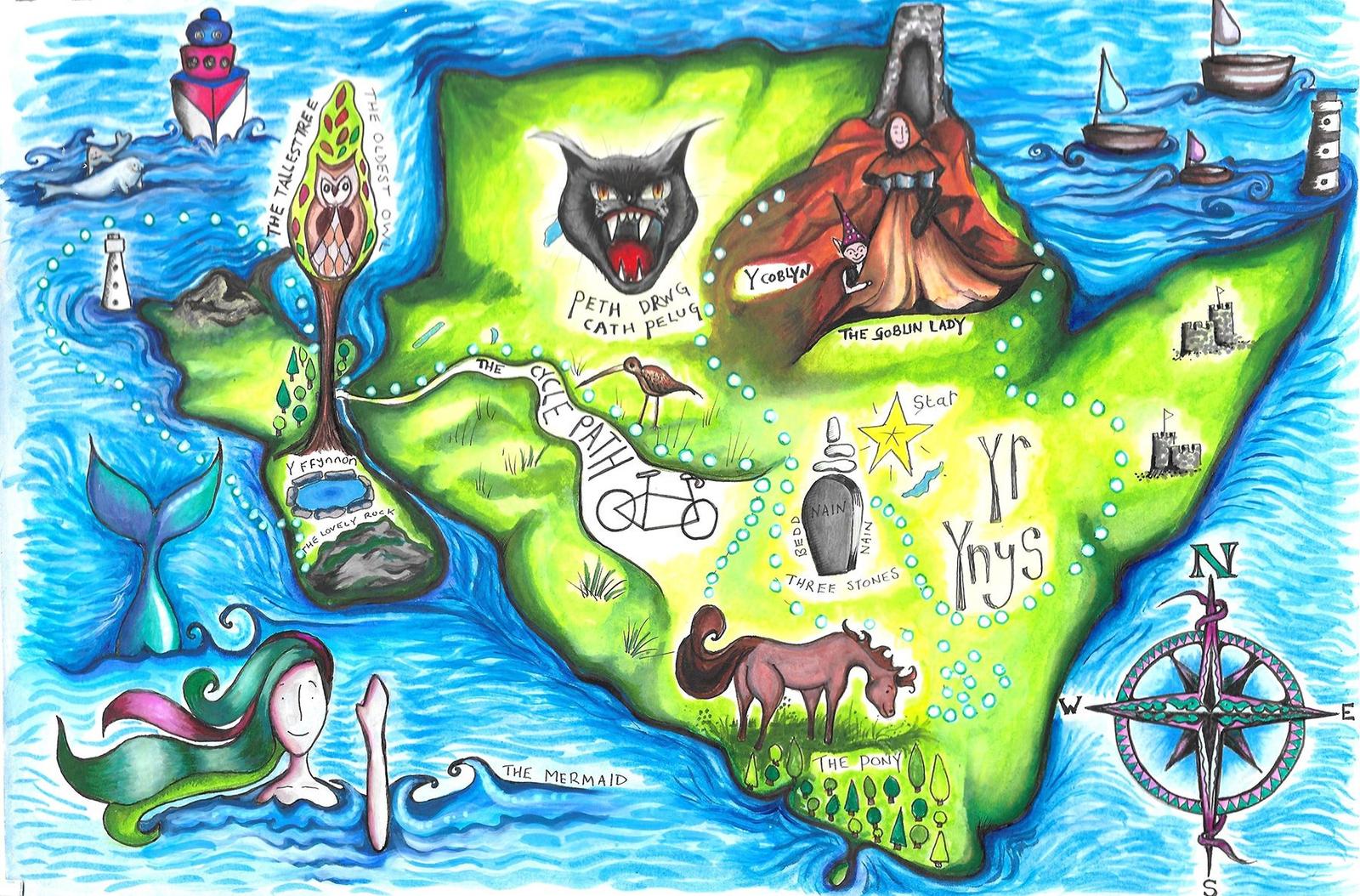 A map drawing of the Isle of Anglesey drawn in brightly coloured pencils showing a compass and mythical characters